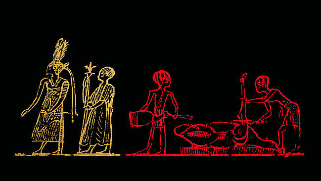 Schwarze Grafik mit Darstellungen von Menschen in antiken Gewändern in Gelb und Rot, die ein großes Tier zerteilen..